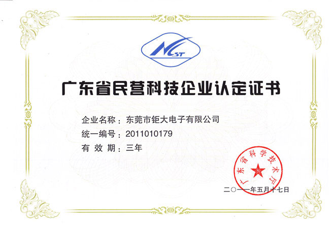 東莞鉅大榮獲“廣東省民營(yíng)科技企業(yè)”稱號(hào)